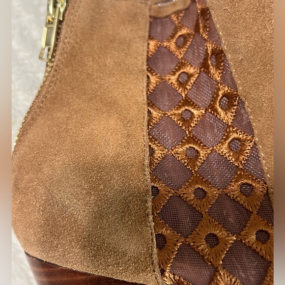 Anthropologie Suede Ankle Boots Embroidered Mesh Panel Block Heel Boho Size 8 - Picture 10 of 15